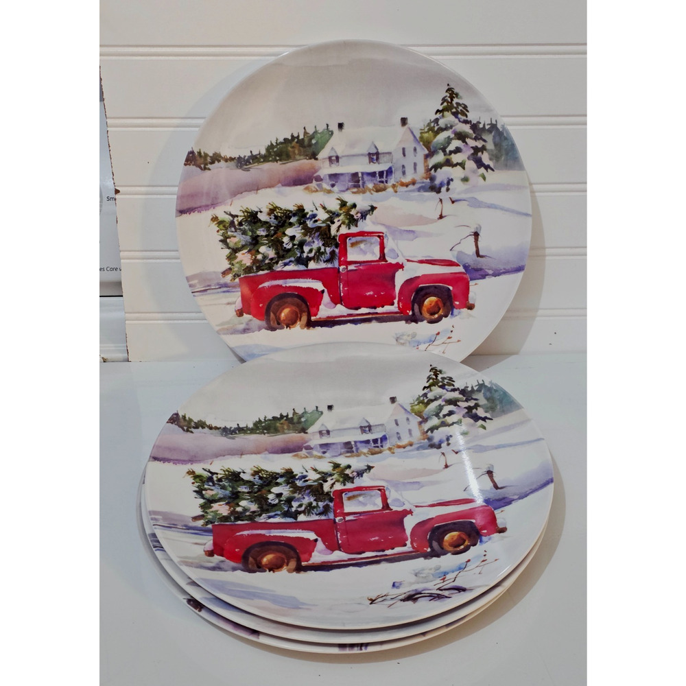 Set of 4 - Robert Stanley Red Truck Melamine Christmas Dinner Plate 10.5" New